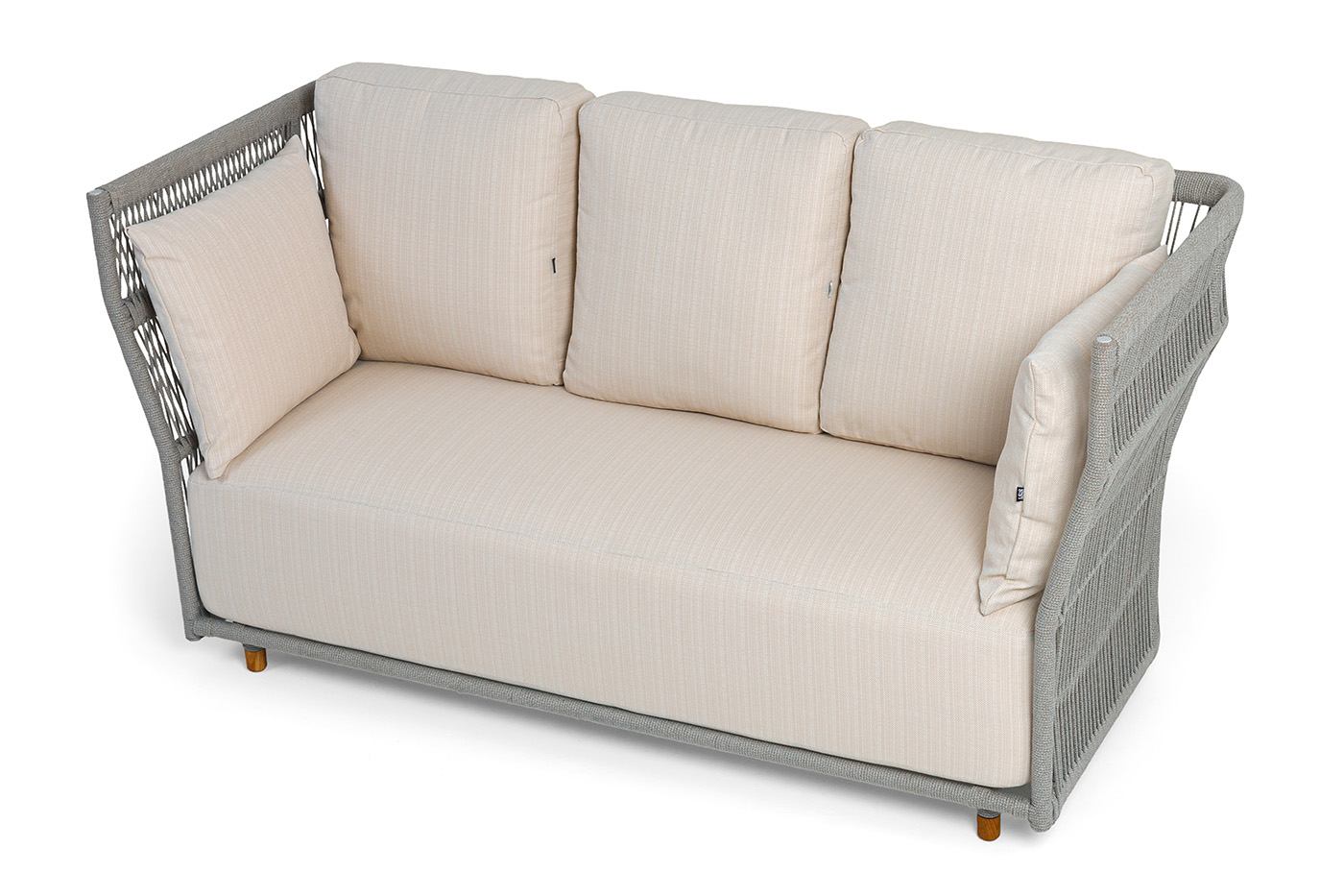 фото "лугано" диван 3-местный плетеный из роупа, каркас алюминий светло-серый (ral7035) муар, роуп серый меланж круглый, ткань mossle светло-бежевая