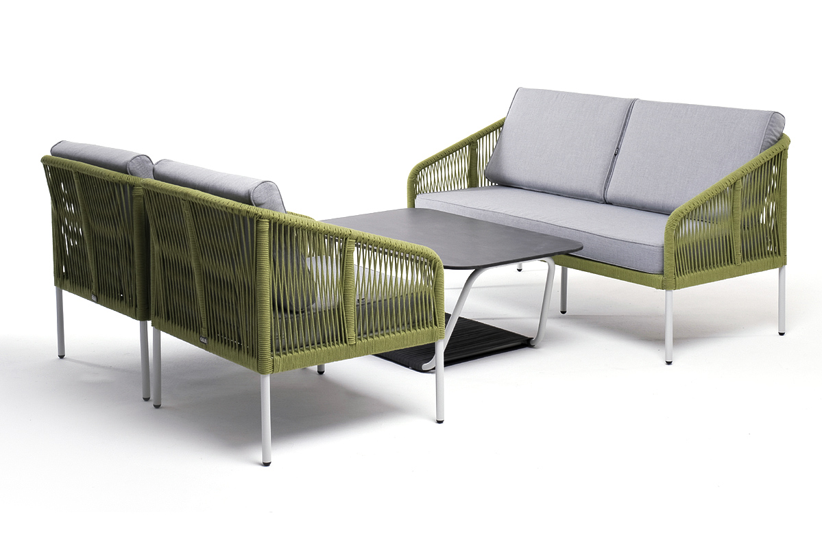 фото "канны" лаунж-зона 4-местная из роупа со столом "глория" (серый гранит), каркас алюминиевый светло-серый, роуп салатовый меланж
