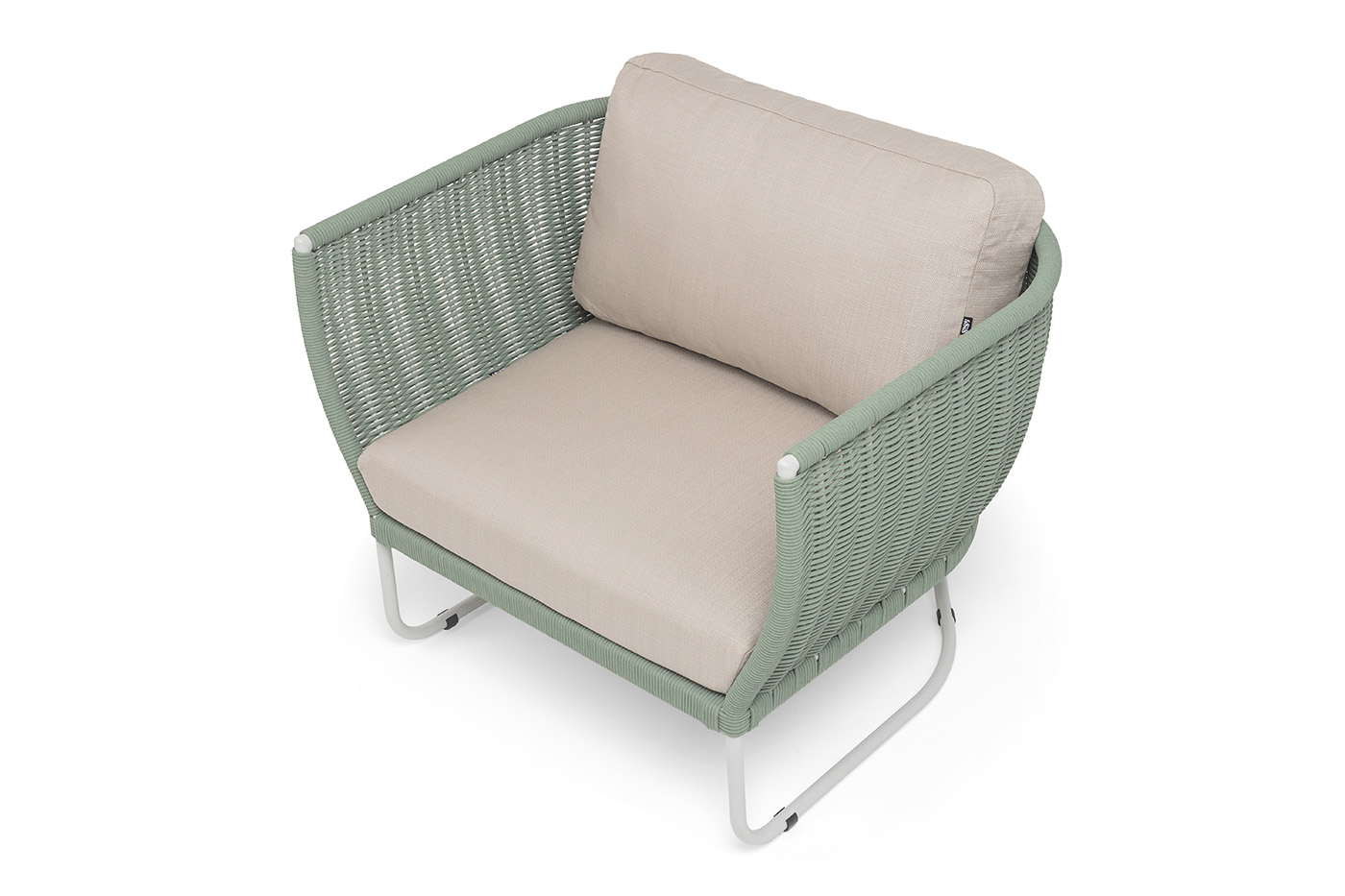 фото "фиджи" кресло плетеное из роупа, каркас алюминий светло-серый (ral7035) муар, роуп зеленый (4204) круглый tex, ткань mossle бежевая