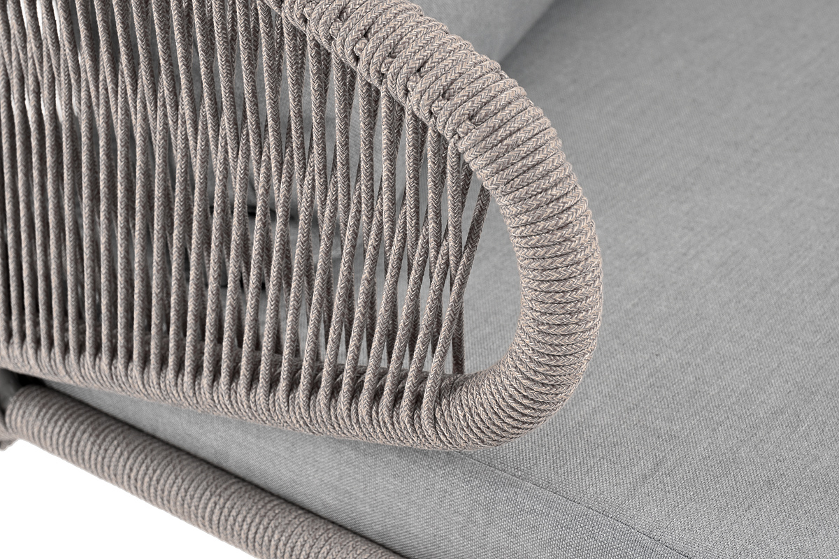 фото "милан" диван 2-местный плетеный из роупа, каркас алюминий светло-серый (ral7035) муар, роуп серый меланж круглый, ткань светло-серая