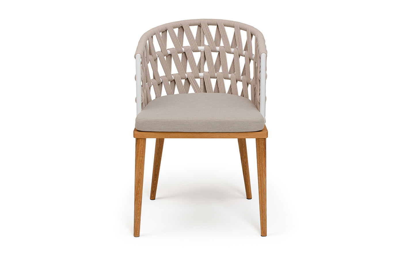 фото "диего" стул плетеный из роупа, основание дуб каркас из стали белый муар, роуп бежевый круглый, ткань бежевая 052