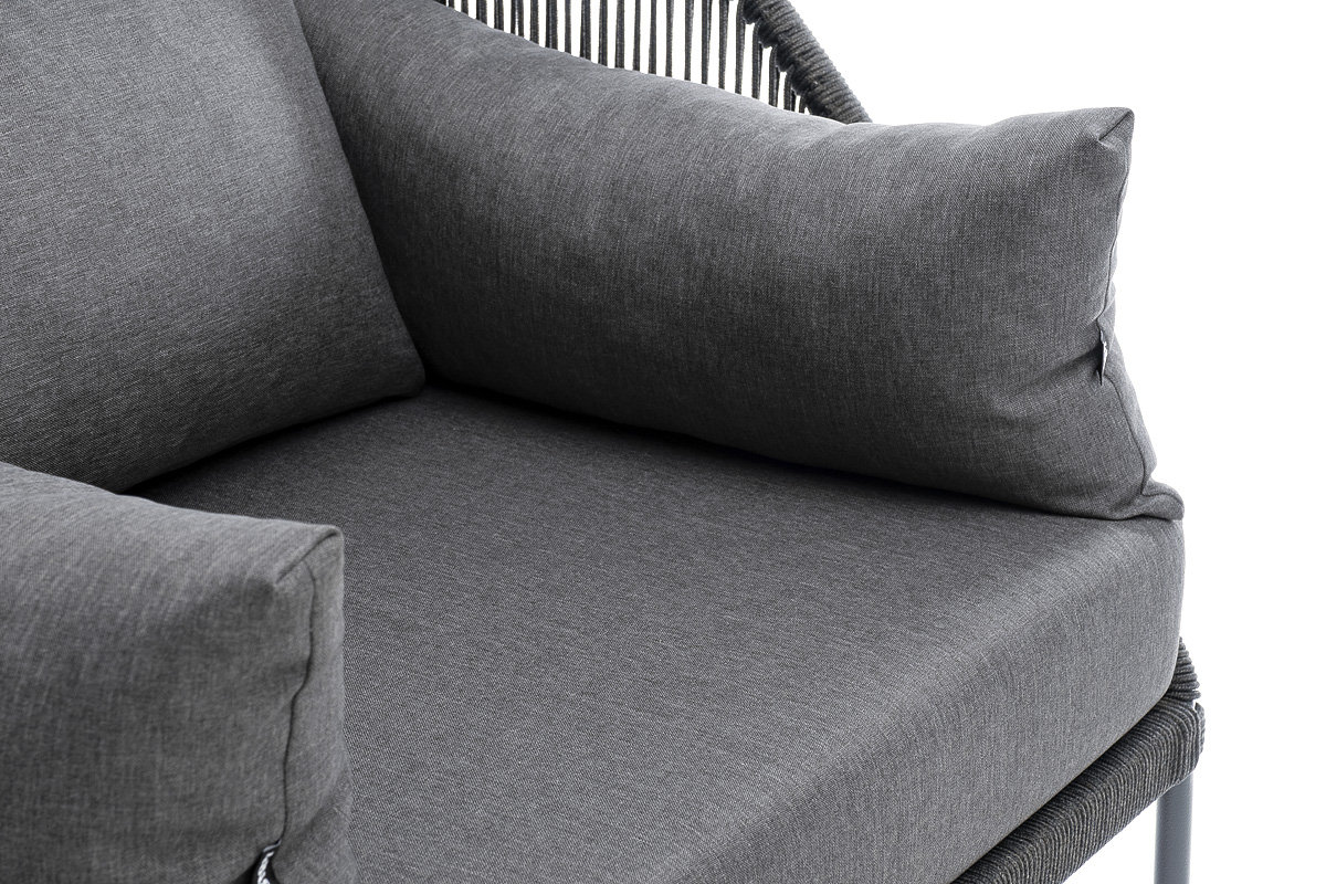 фото "мадрид" кресло плетеное из роупа, каркас алюминий темно-серый (ral7024) муар, роуп темно-серый круглый, ткань темно-серая 027