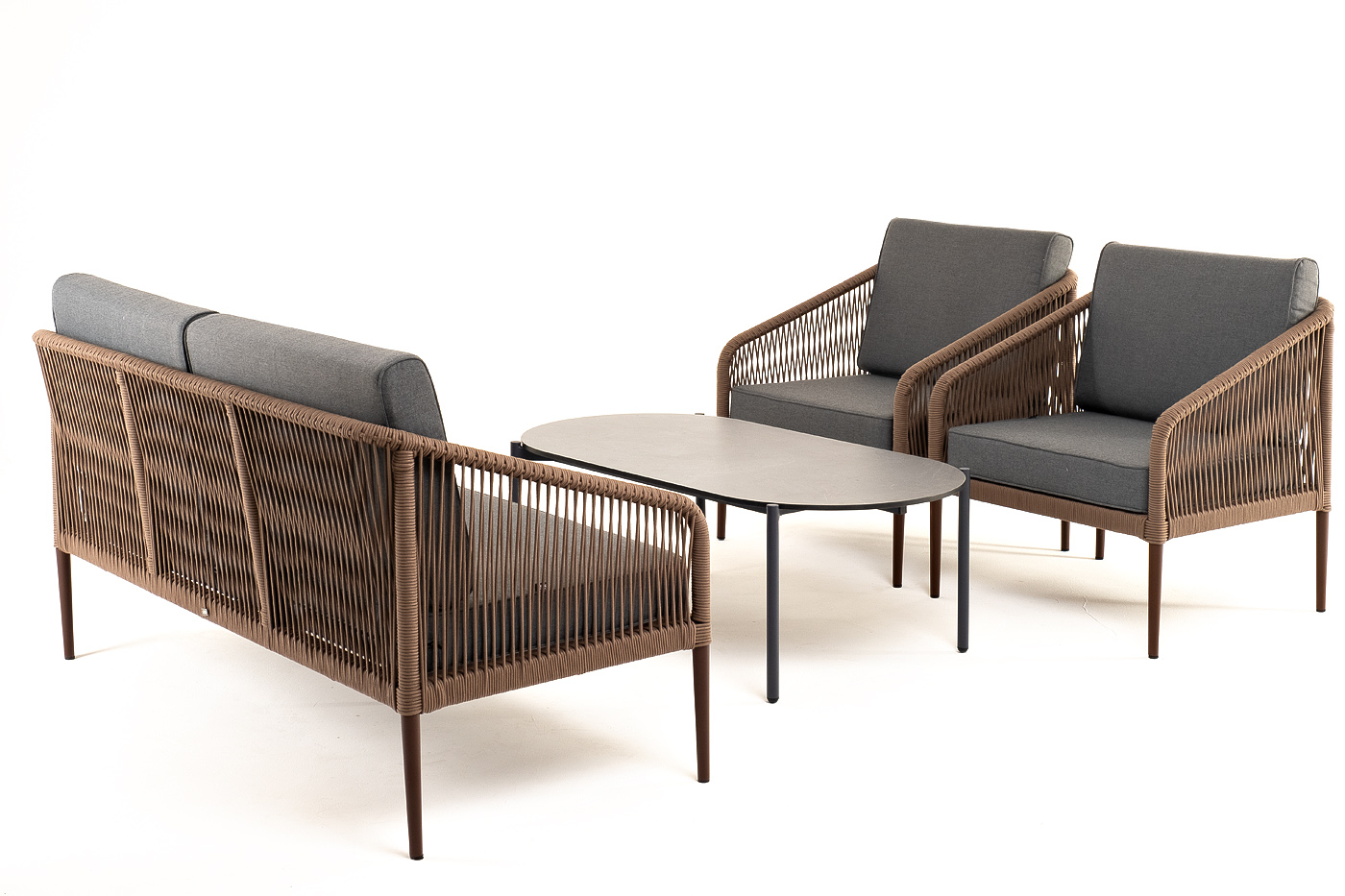 фото "канны" лаунж-зона 4-местная из роупа со столом "верона" (серый гранит), каркас алюминиевый коричневый, роуп коричневый