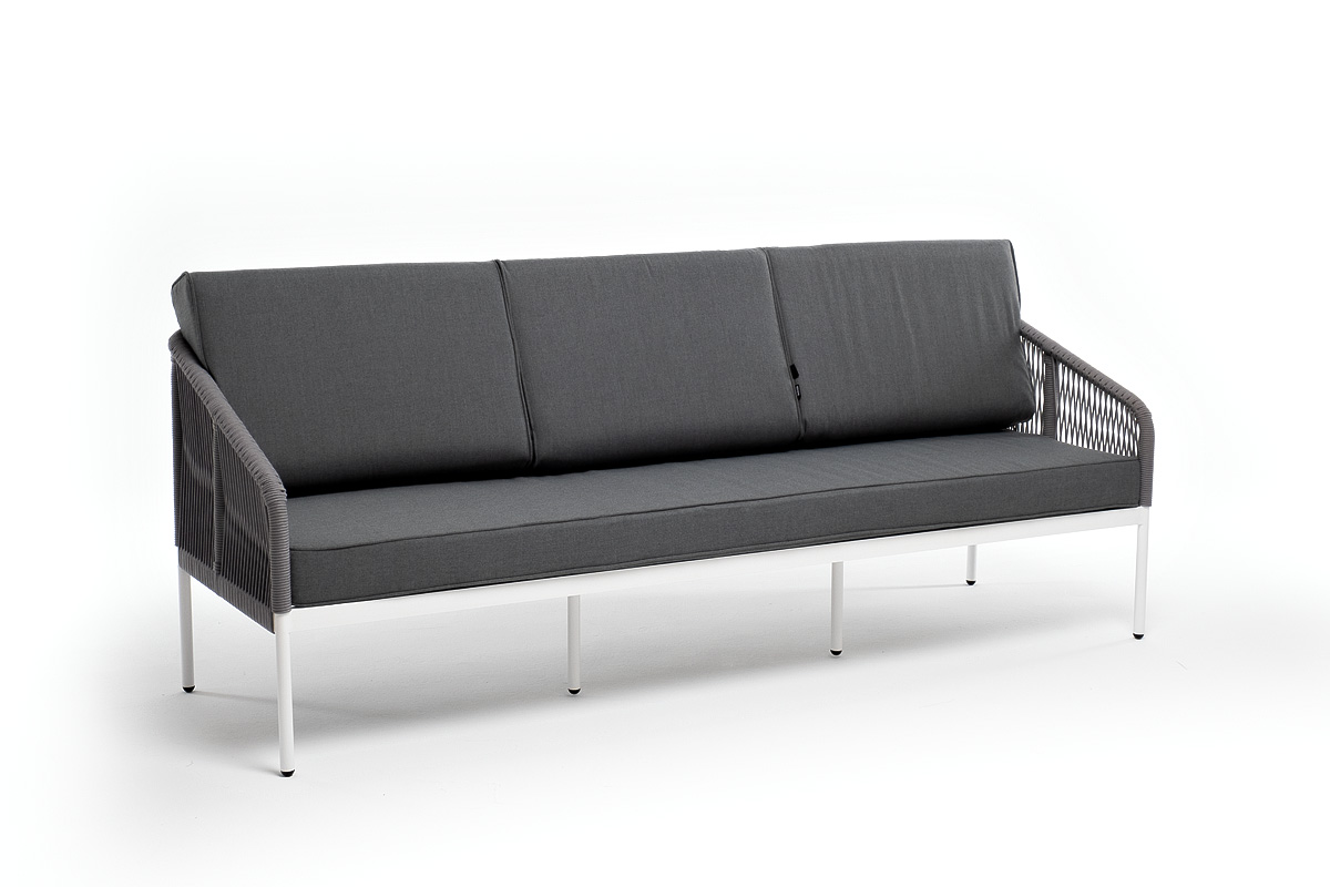 фото "канны" диван 3-местный плетеный из роупа, каркас алюминий белый муар, роуп светло-серый круглый, ткань серая 017