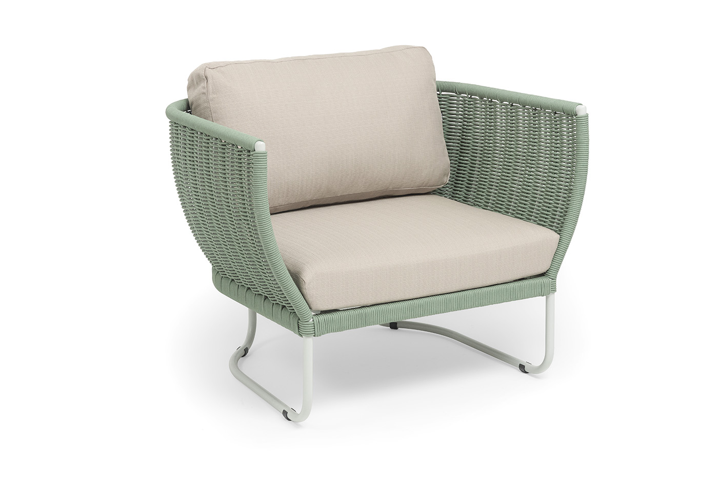 фото "фиджи" кресло плетеное из роупа, каркас алюминий светло-серый (ral7035) муар, роуп зеленый (4204) круглый tex, ткань mossle бежевая