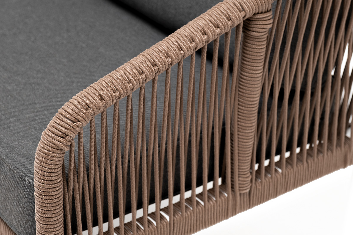 фото "канны" диван 2-местный плетеный из роупа, каркас алюминий белый, роуп коричневый круглый, ткань серая