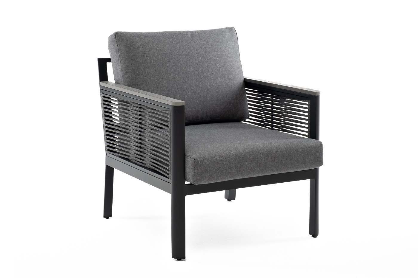 фото "сан ремо" кресло плетеное из роупа садовое, каркас алюминий темно-серый, роуп серый, ткань серая