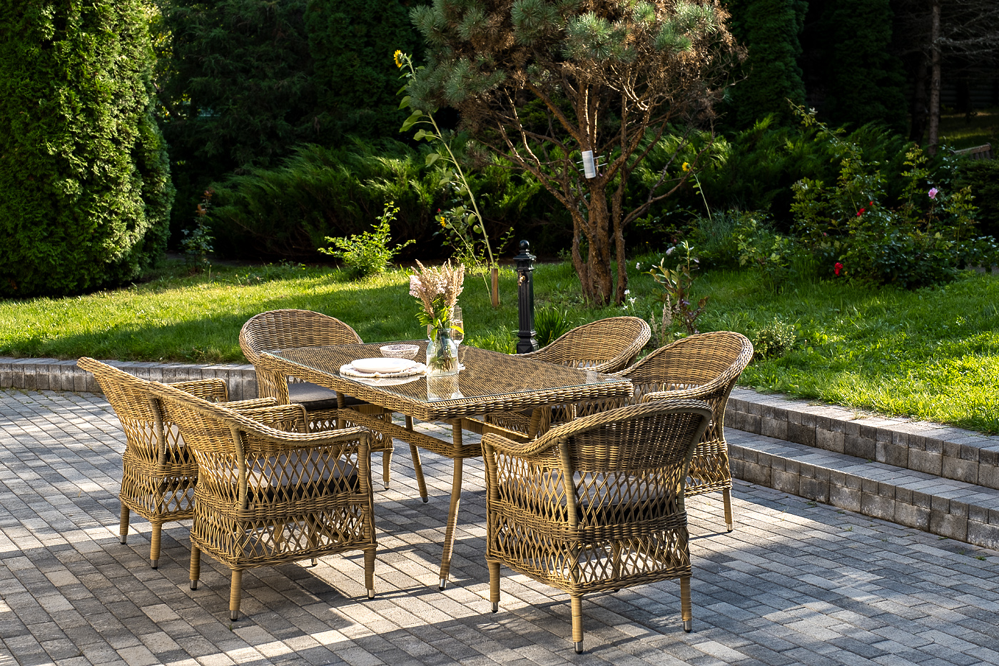 фото "амароне" обеденная группа из искусственного ротанга на 6 персон, цвет соломенный