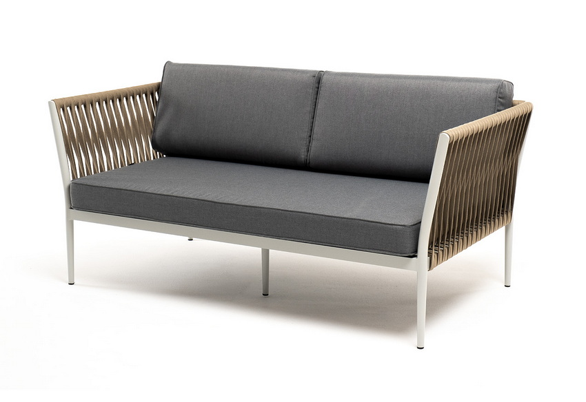 фото "касабланка" диван 2-местный плетеный из роупа, каркас алюминий светло-серый (ral7035) муар, роуп серо-коричневый 23мм, ткань серая 017