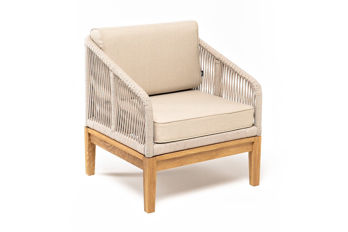 фото "канны" кресло плетеное из роупа, основание дуб, роуп бежевый круглый, ткань бежевая 15052