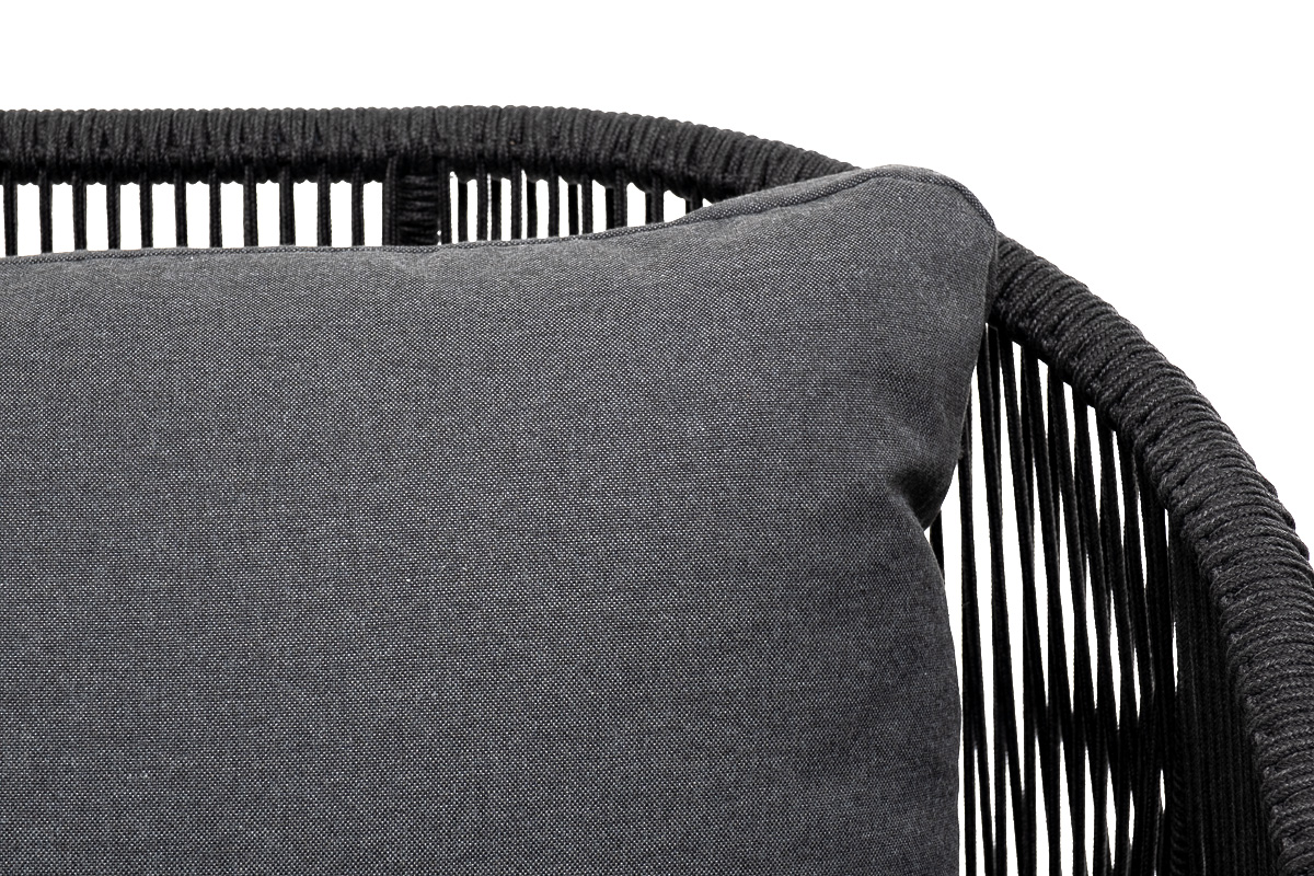 фото "милан" диван 3-местный плетеный из роупа, каркас алюминий темно-серый (ral7024) муар, роуп темно-серый круглый, ткань темно-серая 027