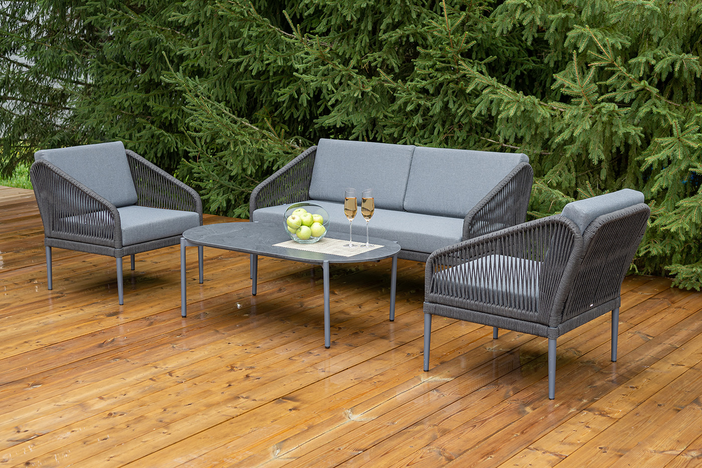 фото "канны" лаунж-зона 4-местная (разборная) из роупа со столиком "диего" цвета "серый гранит", роуп темно-серый круглый, ткань темно-серая