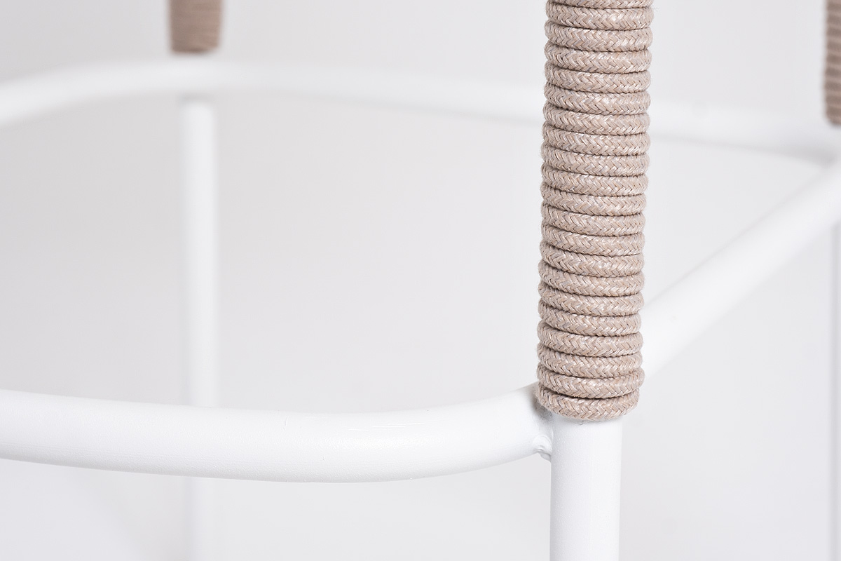 фото "марсель" стул барный плетеный из роупа, каркас из стали белый муар, роуп бежевый круглый, ткань бежевая 15052