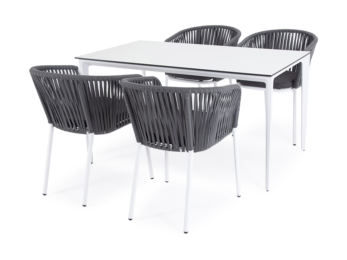 фото "малага" обеденная группа на 4 персоны со стульями "бордо", каркас белый, роуп серый