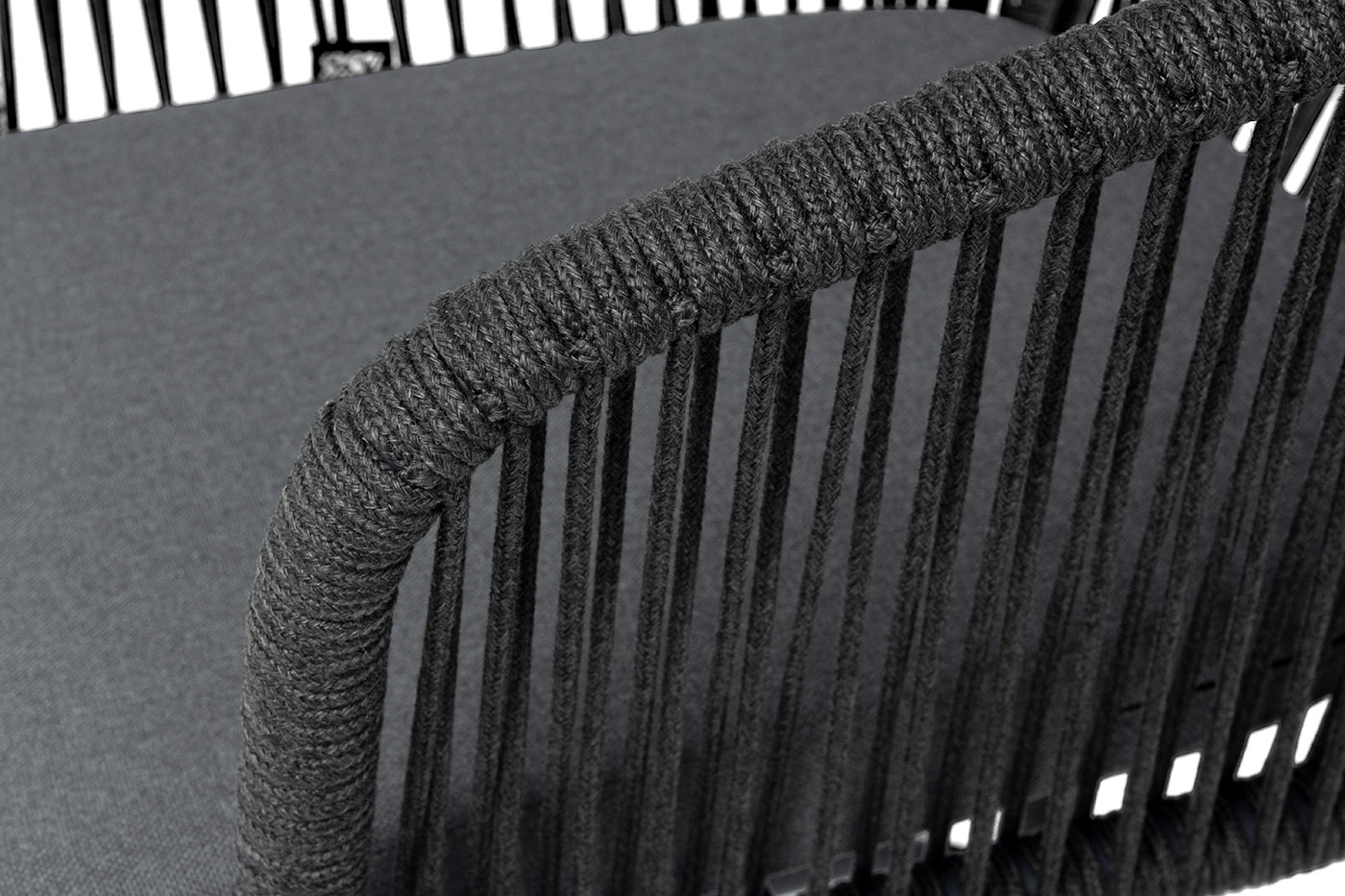 фото "марсель" стул барный плетеный из роупа, каркас из стали темно-серый (ral7024) муар, роуп темно-серый круглый, ткань темно-серая 027 new