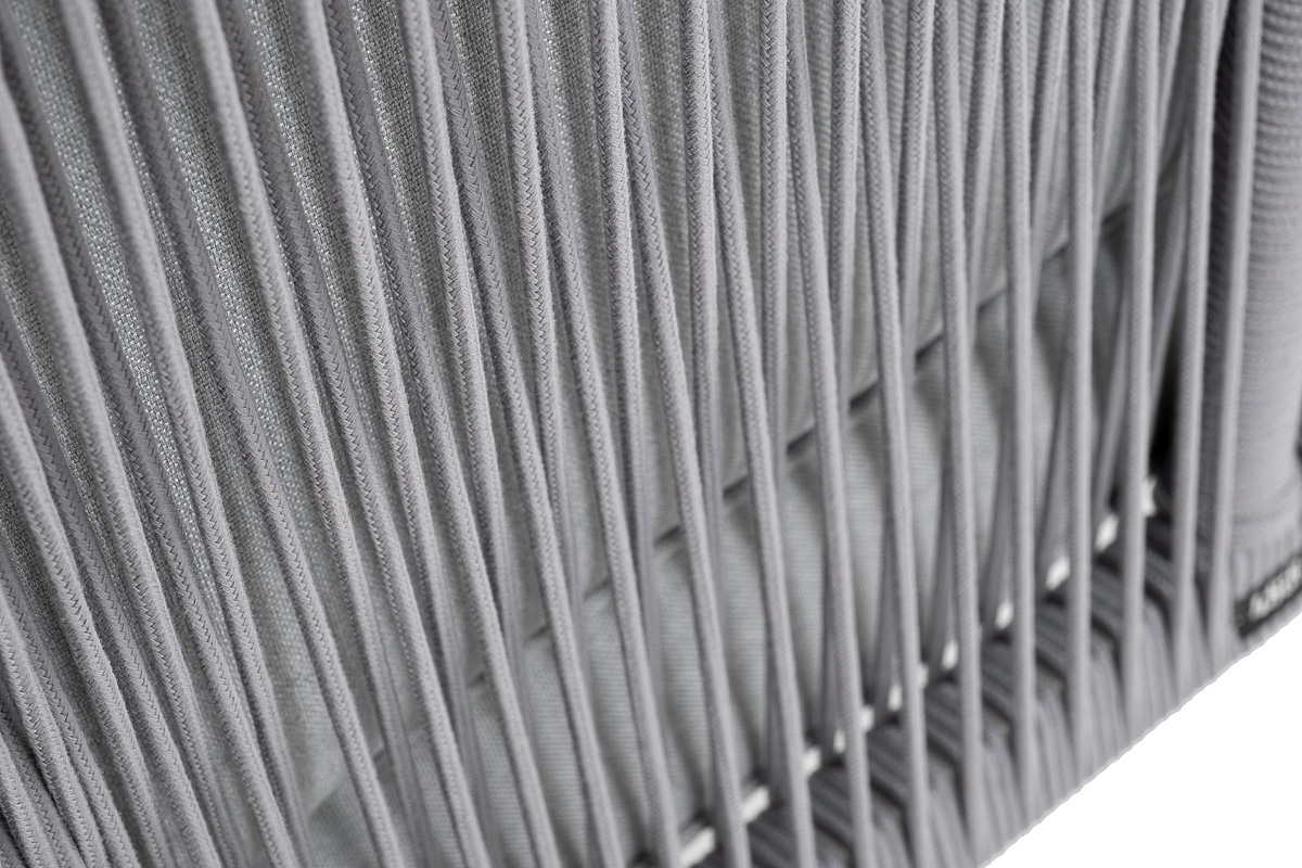 фото "канны" угловой модуль плетеный из роупа, каркас алюминий белый муар, роуп светло-серый круглый, ткань светло-серая