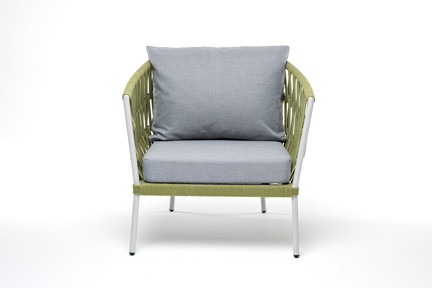 фото "диего" кресло плетеное из роупа, каркас алюминий светло-серый (ral7035) муар, роуп салатовый меланж круглый, ткань светло-серая