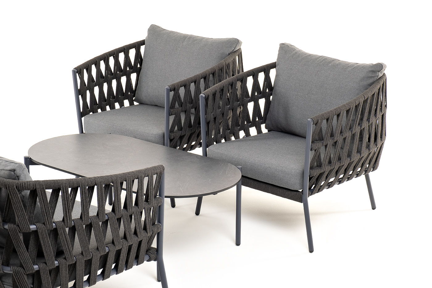 фото "диего" лаунж-зона 4-местная плетеная из роупа (веревки), каркас алюминиевый темно-серый, роуп темно-серый