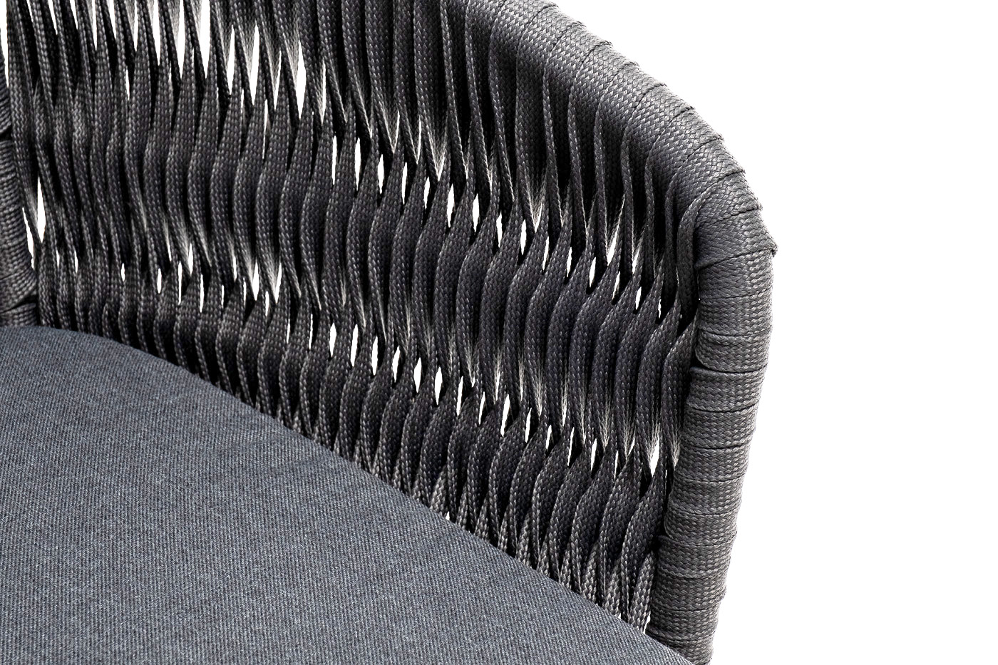 фото "бордо" стул плетеный из роупа (колос), каркас алюминий серый (ral7022) муар, роуп серый 15мм, ткань темно-серая 027