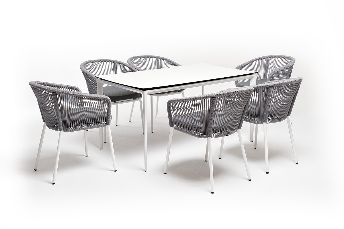 фото "малага" обеденная группа на 6 персон со стульями "марсель", каркас белый, роуп светло-серый