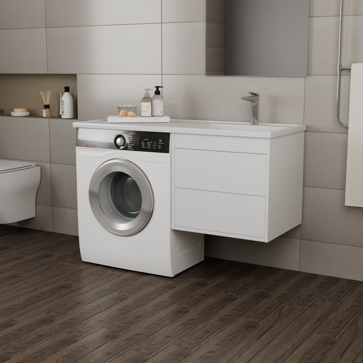 фото тумба с 2-мя ящ. и раковиной под стиральную машину nera 55, белая