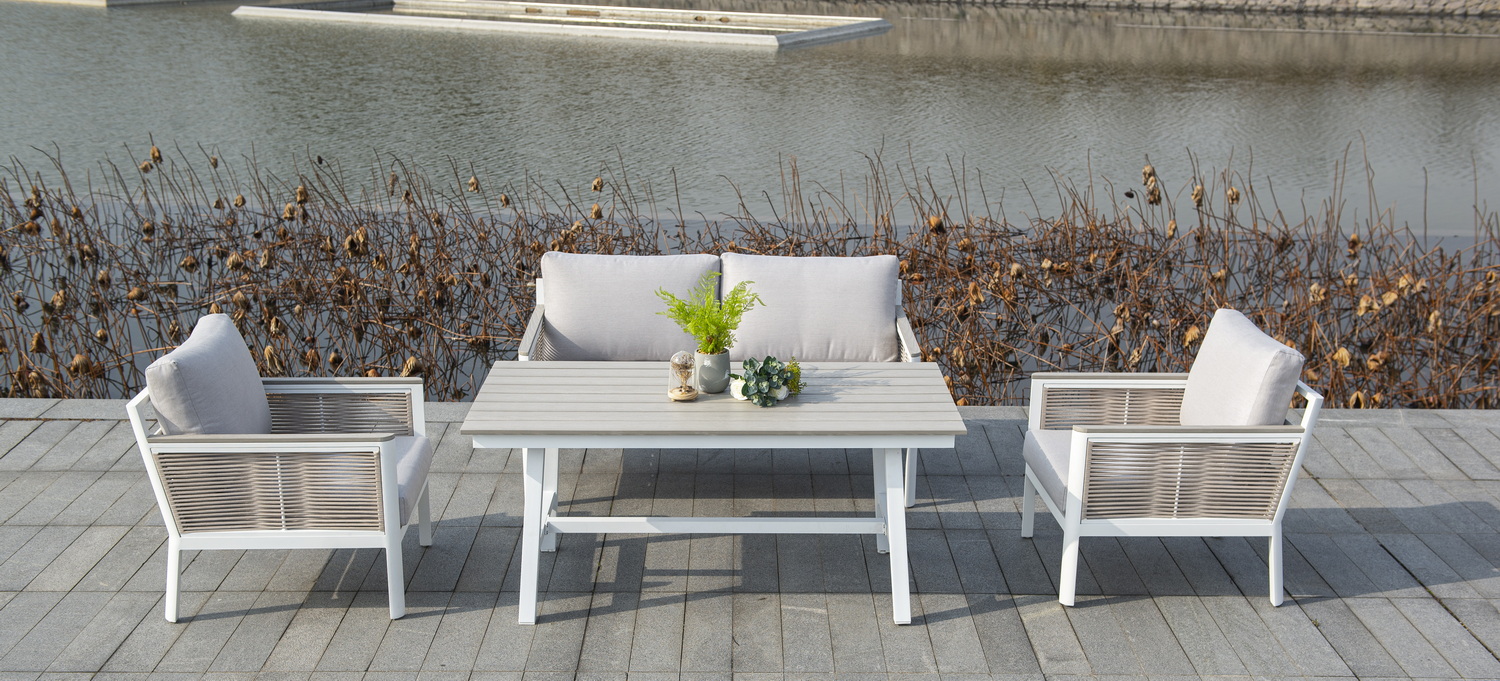 фото "сан ремо" диван 2-местный плетеный из роупа, каркас алюминий белый, роуп бежевый, ткань бежевая