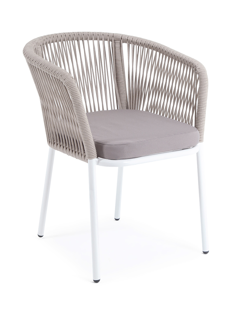 фото "марсель" стул плетеный из роупа, каркас алюминий белый муар, роуп бежевый круглый, ткань бежевая 15052