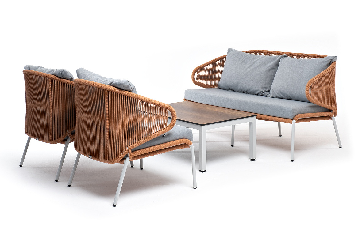 фото "милан" лаунж-зона 4-местная плетеная из роупа (веревки), каркас алюминиевый светло-серый, роуп оранжевый меланж