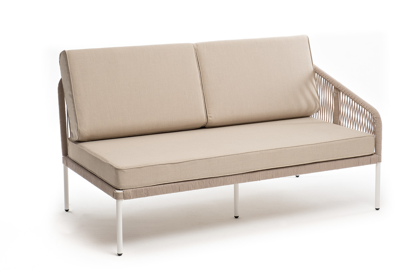 фото "канны" левый модуль плетеный из роупа, каркас алюминий белый муар, роуп бежевый круглый, ткань бежевая 15052