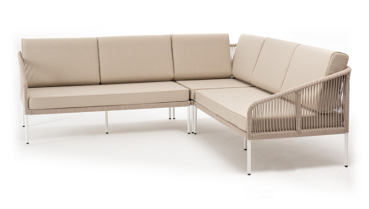 фото "канны" диван модульный плетеный из роупа, каркас алюминий белый, роуп бежевый круглый, ткань бежевая 035