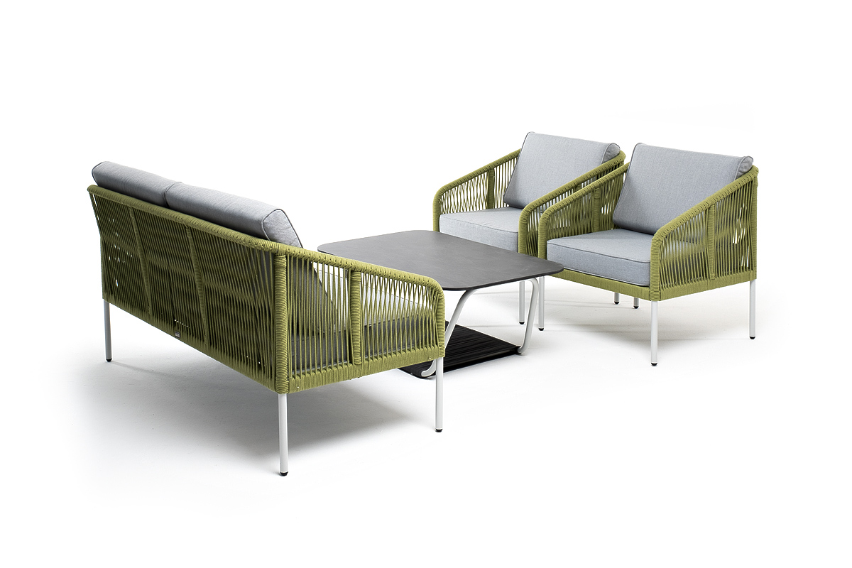 фото "канны" лаунж-зона 4-местная из роупа со столом "глория" (серый гранит), каркас алюминиевый светло-серый, роуп салатовый меланж