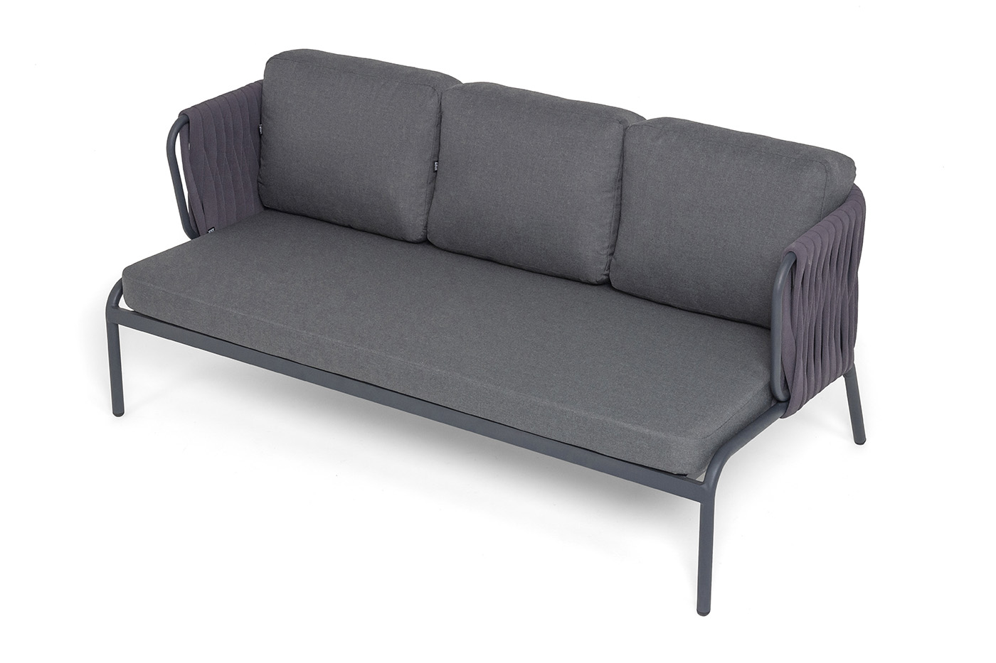 фото "ронда" диван 3-местный плетеный из роупа, каркас алюминий темно-серый (ral7024) муар, роуп серый 40 мм tex, ткань темно-серая 027