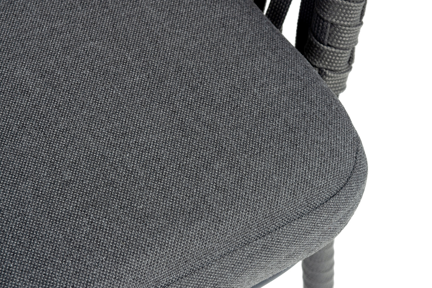 фото "бордо" стул барный плетеный из роупа, каркас из стали темно-серый (ral7024) муар, роуп серый 15мм, ткань темно-серая 027 new