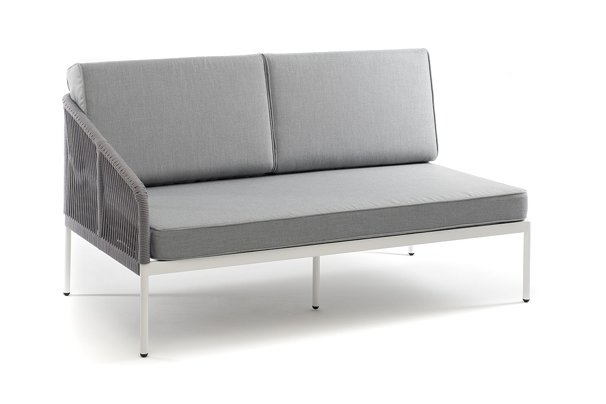 фото "канны" правый модуль плетеный из роупа, каркас алюминий белый шагрень, роуп светло-серый круглый, ткань светло-серая