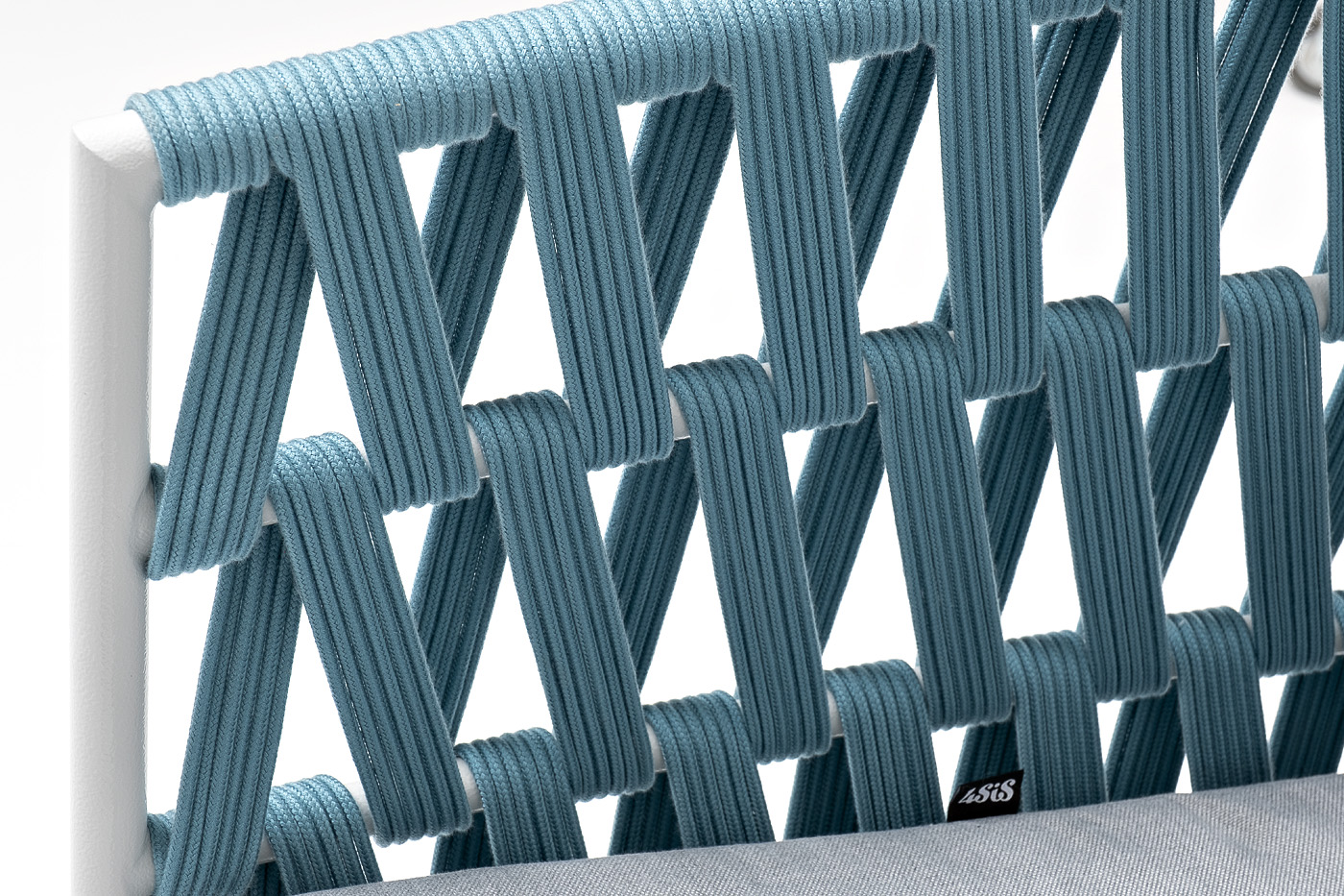 фото "диего" кресло плетеное из роупа, каркас алюминий светло-серый (ral7035) муар, роуп бирюзовый круглый, ткань светло-серая