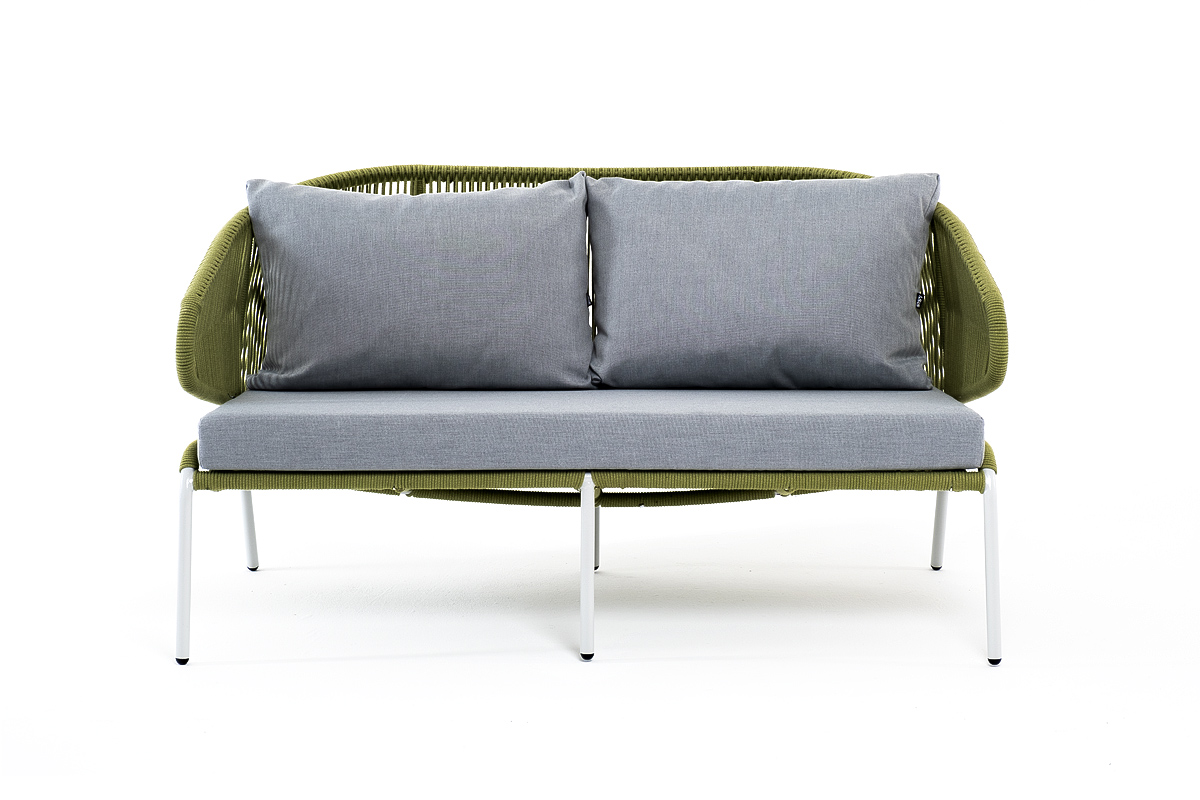 фото "милан" диван 2-местный плетеный из роупа, каркас алюминий светло-серый (ral7035) шагрень, роуп салатовый меланж круглый, ткань светло-серая