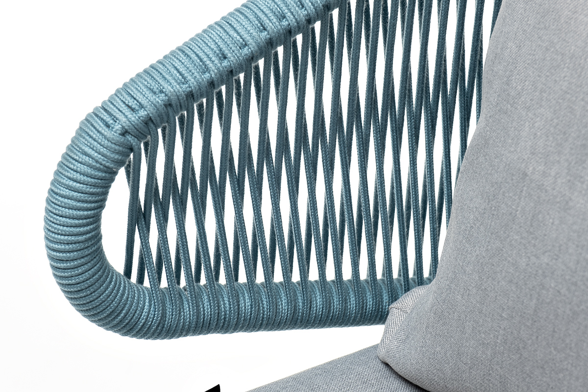 фото "милан" кресло плетеное из роупа, каркас алюминий светло-серый (ral7035) муар, роуп бирюзовый круглый, ткань светло-серая