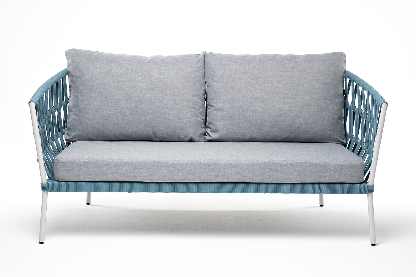 фото "диего" диван 2-местный плетеный из роупа, каркас алюминий светло-серый (ral7035) муар, роуп бирюзовый круглый, ткань светло-серая