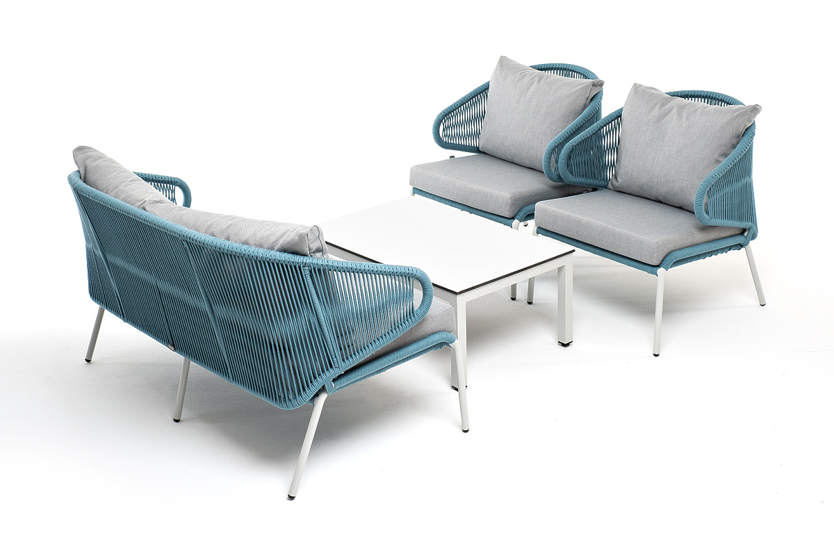 фото "милан" лаунж-зона 4-местная плетеная из роупа (веревки), каркас алюминиевый белый, роуп голубой