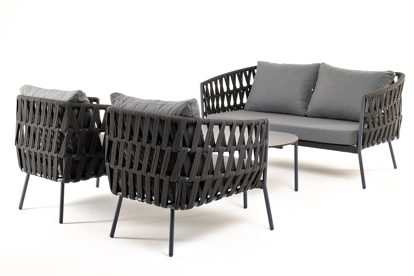 фото "диего" лаунж-зона 4-местная плетеная из роупа (веревки), каркас алюминиевый темно-серый, роуп темно-серый