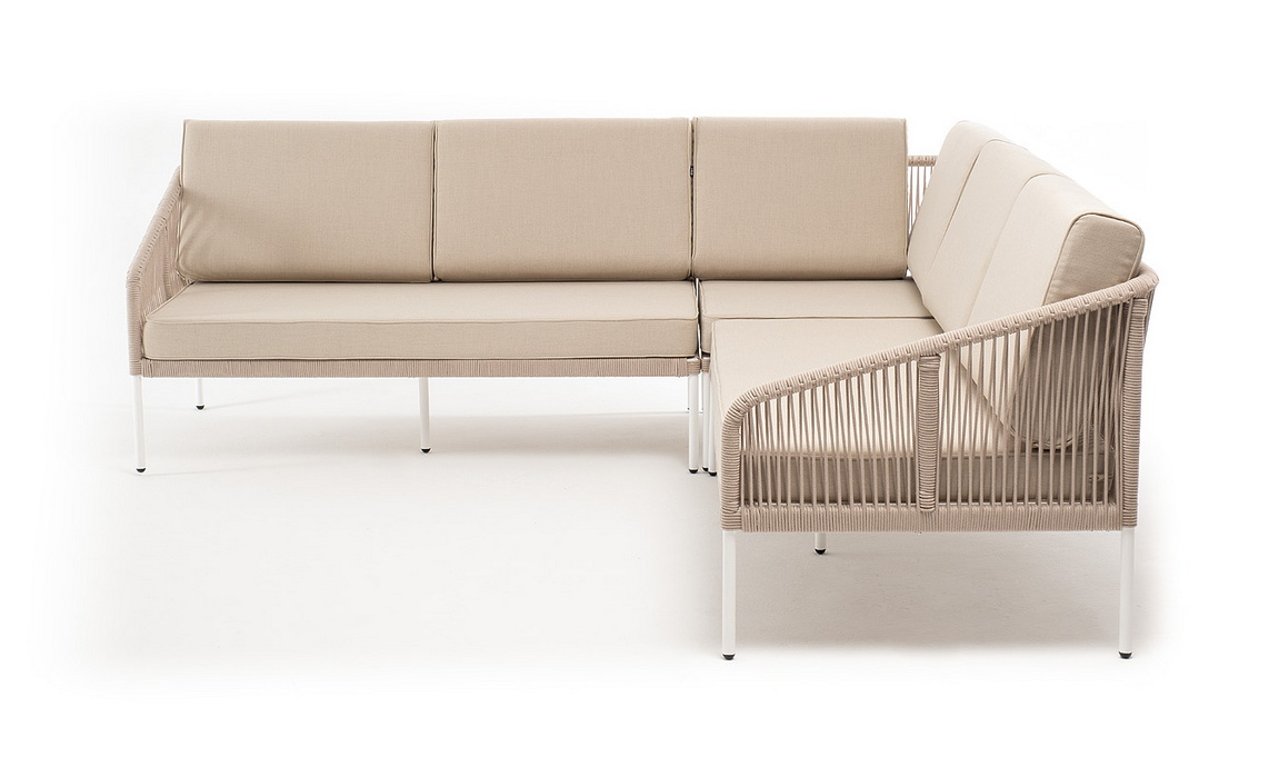 фото "канны" диван модульный плетеный из роупа, каркас алюминий белый, роуп бежевый круглый, ткань бежевая 035