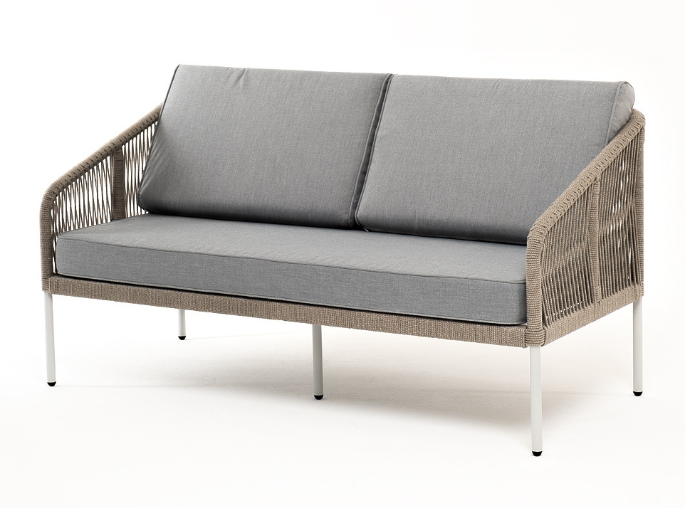 фото "канны" диван 2-местный плетеный из роупа, каркас алюминий светло-серый (ral7035) шагрень, роуп серый меланж круглый, ткань светло-серая