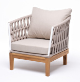 "Диего" кресло плетеное из роупа, основание дуб, каркас алюминий белый шагрень, роуп бежевый круглый, ткань бежевая 15052