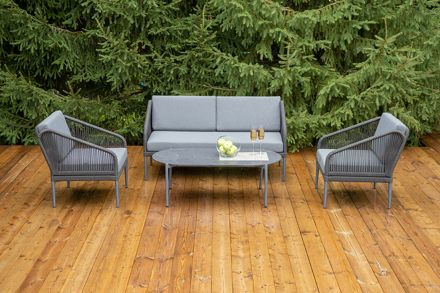 фото "канны" лаунж-зона 4-местная из роупа со столиком "диего" цвета "серый гранит", роуп темно-серый круглый, ткань темно-серая