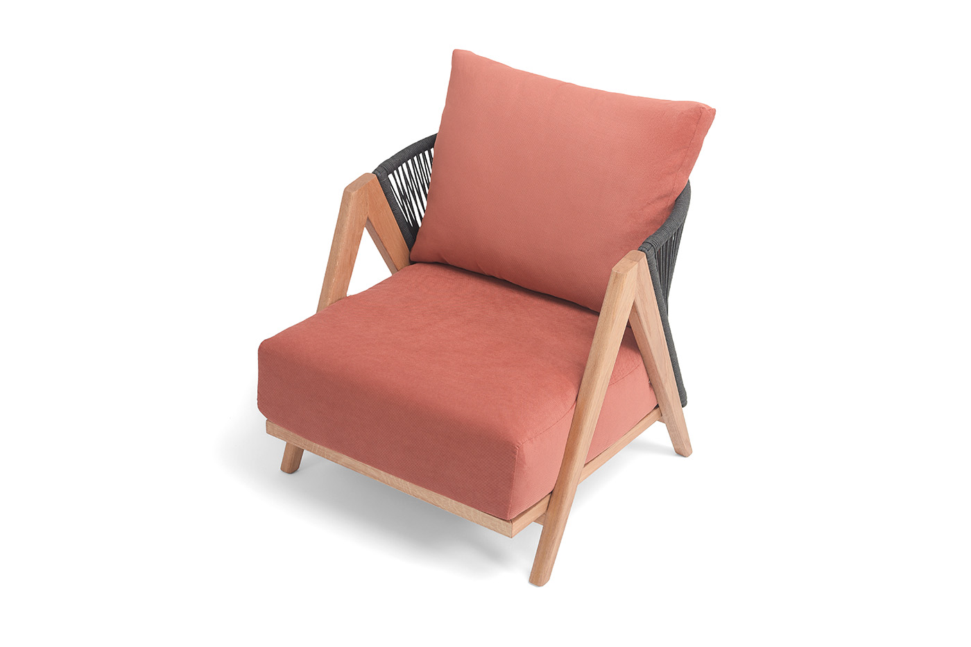 фото "гарда" кресло плетеное из роупа, основание дуб, роуп темно-серый круглый, ткань терракотовая