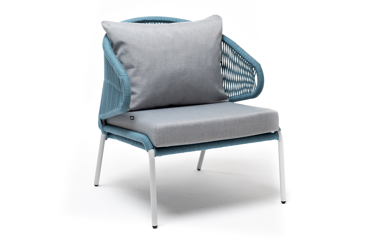 фото "милан" кресло плетеное из роупа, каркас алюминий светло-серый (ral7035) муар, роуп бирюзовый круглый, ткань светло-серая