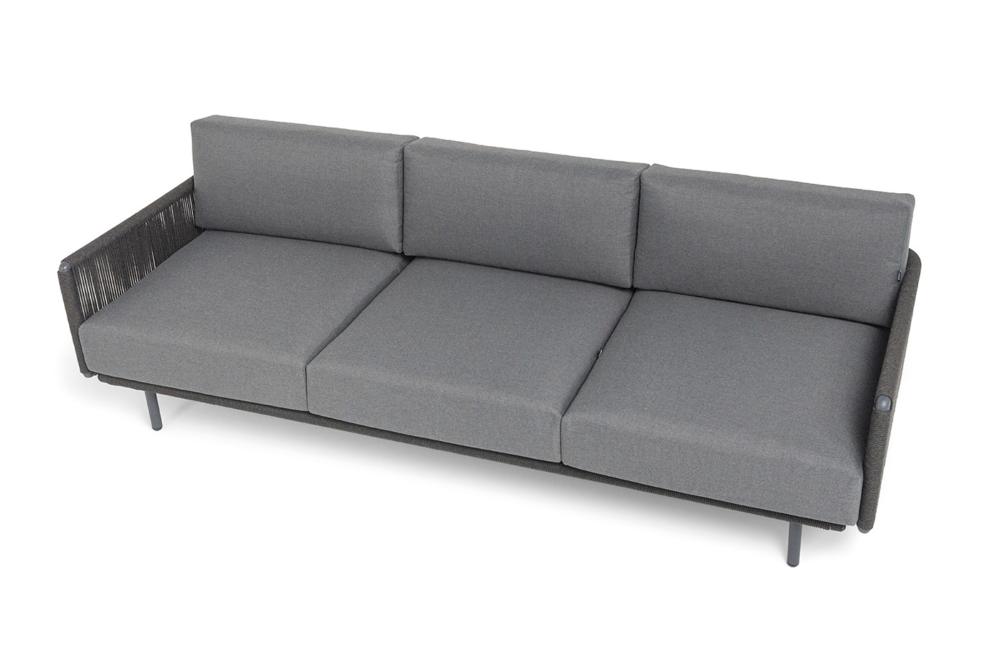 фото "джелло" диван 3-местный плетеный из роупа, каркас алюминий темно-серый (ral7024) муар, роуп темно-серый круглый, ткань темно-серая 027