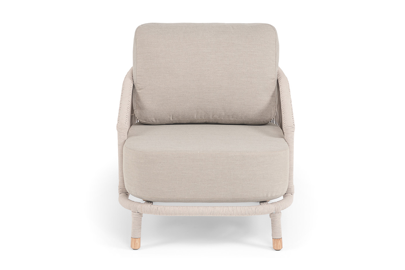 фото "верона" кресло плетеное из роупа, каркас алюминий белый муар, роуп бежевый круглый, ткань бежевая 15052