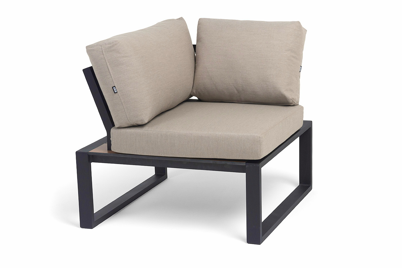 фото "тулон" угловой модуль, каркас алюминий, hpl "дуб", черный муар, ткань бежевая 15052