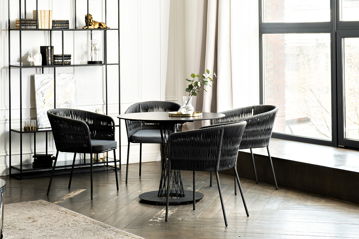 фото "диего" обеденная группа на 4 персоны со стульями "бордо" плетения колос, столешница "серый гранит"